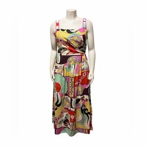 CIEBON NWT XL Boho Colorful Print Smocked Midi Sundress Pink Multi Cotton